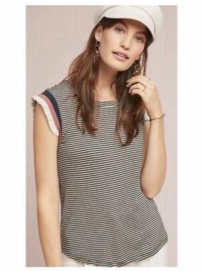 Striped Ruffle Sleeve Tee in Black & White Stripe with Colorblock Trim • Anthro